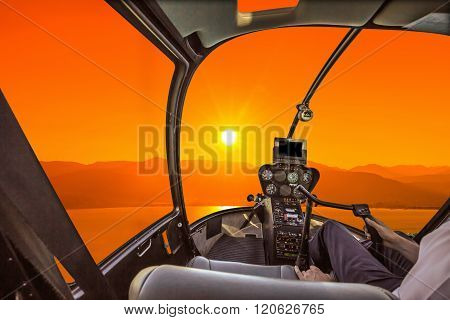 Helicopter Cockpit at sunset