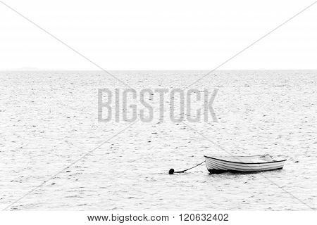 Black And White Image Of A White Boat On The Sea On The Way To Thisted, Denmark