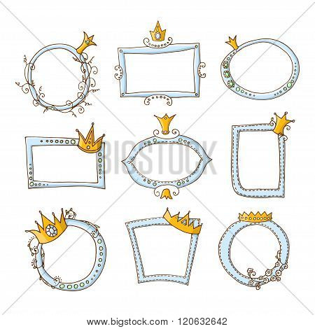 colored doodle - set of frames, ribbons and crown