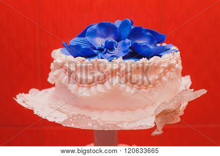 Beautiful and natural four level wedding cake with blue flowers.