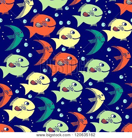 Seamless pattern with children and puzyaryami fish on a dark blue background