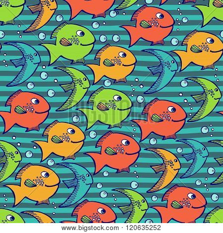 vector illustration. Children seamless pattern with fish and bubbles on waves background