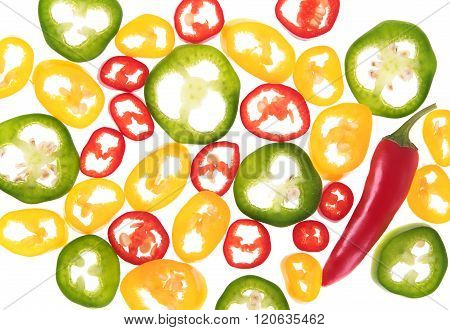Different chili peppers sliced