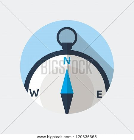 Compass flat icon. Vector icon of a navigational compass in flat style with long shadow. EPS10 clean vector illustration.