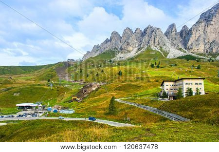 Dolomites, Italy - September 6, 2012: The Great Dolomite Road is a breathtaking scenic drive that crosses the alpine passes, connecting the Bozen and Bolzano regions.