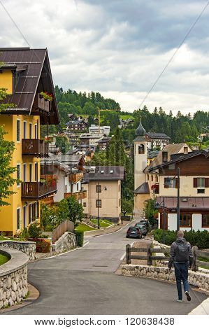 Cortina d'Ampezzo, Italy - September 6, 2012: Street scene of alpine resort of Cortina d'Ampezzo in the Italian Dolomites