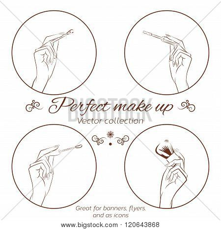 Woman doing make up. Manicured hands holding make up brushes. Set of hands and make up brushes. Line drawing isolated on white
