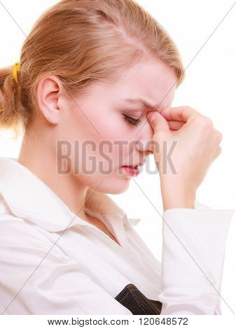 Headache. Woman Suffering From Head Pain Isolated.