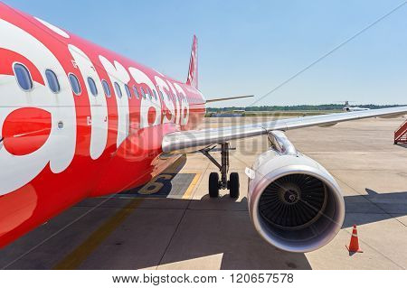PATTAYA, THAILAND - FEBRUARY 26, 2016: Thai AirAsia A320 in U-Tapao International Airport. U-Tapao Rayong-Pattaya International Airport is serving Rayong and Pattaya cities in Thailand.