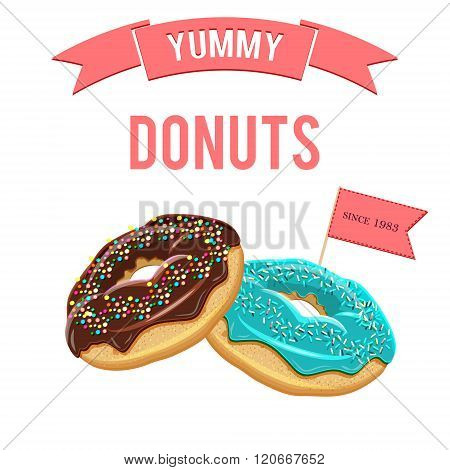 Assorted vector donuts bakery poster. Collection of tasty realistic donuts with different icings. Yummy vector doughnuts banner with various glazing and icing. Hand drawn donuts isolated on white background