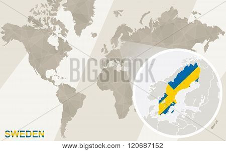 Zoom On Sweden Map And Flag. World Map.