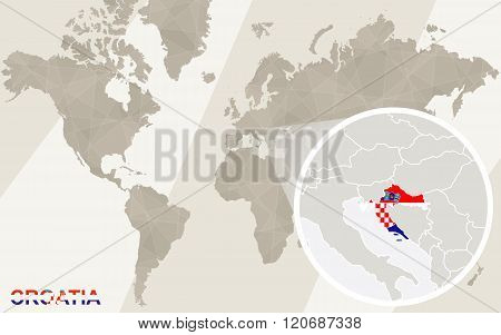 Zoom On Croatia Map And Flag. World Map.