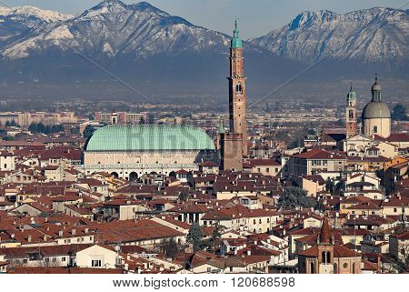Vicenza, Italy, Panorama Of The City With Basilica Palladiana And The Dome Of Saint Stephan Church