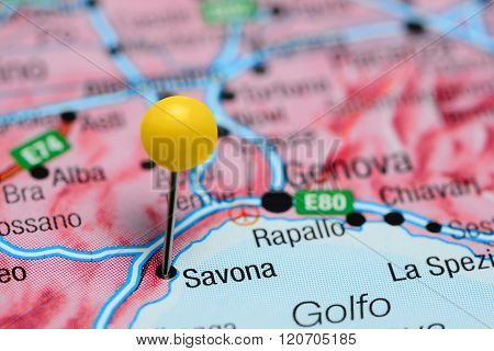Savona pinned on a map of Italy