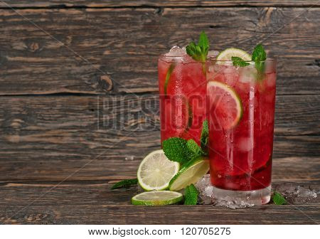 Red Cocktail With Mint, Lime And Ice