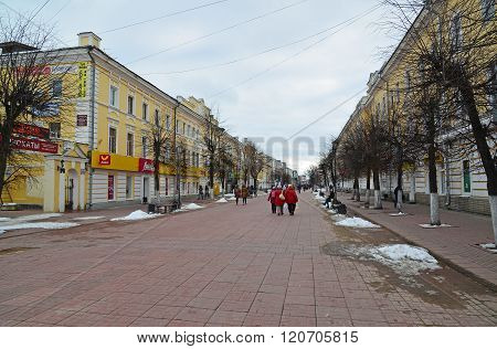 Tver, Russia - February 27. 2016.  Trekhsvyatskaya pedestrianized  street is a historic center