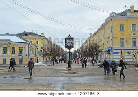 Tver, Russia - February 27. 2016. Watch with Opening date of the city foundation 1135 on a Trekhsvyatskaya pedestrianized  street