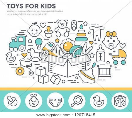 Toys and goods for baby concept illustration, thin line flat design