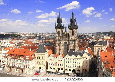 Famous Tyn Church on Old Town Square, Prague, Czech Republic