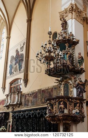 The pulpit in the church of the Exaltation of the Holy Cross in Prostejov