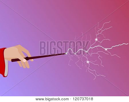 Magic Wand. Magic Stick In Hand. Magic Lightning. Vector Illustration.