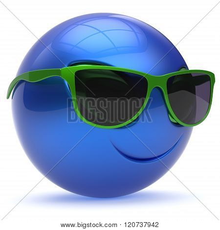 Smiley alien face sunglasses cartoon cute head emoticon monster ball blue green avatar. Cheerful funny smile invader person character toy laughing eyes joy icon concept