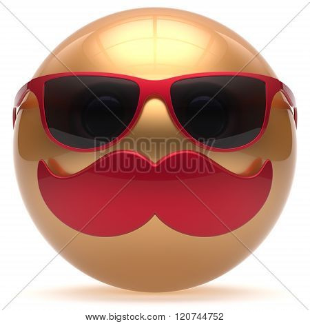 Mustache smiling face emoticon ball happy joyful cartoon handsome person golden sunglasses red caricature. Cheerful stylish laughing fun sphere positive smiley character avatar. 3d render