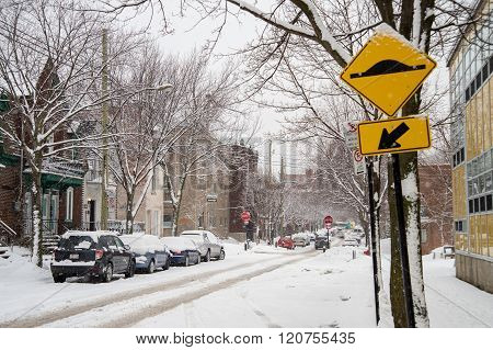 Montreal, Ca, 7Th March 2016. Laval Street During Snow Storm