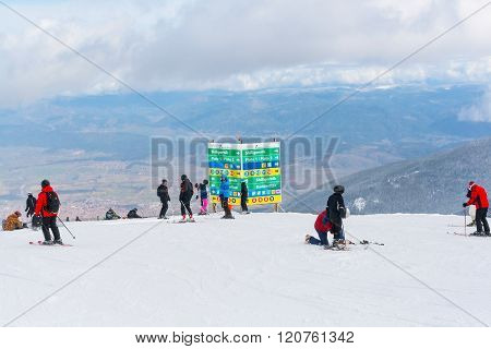 Ski Resort Bansko, Bulgaria Aerial View, Skiers, Signpost With Directions