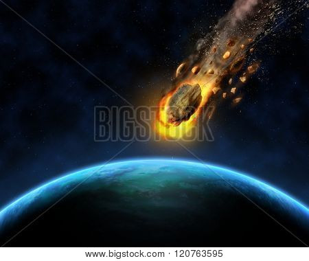 3D render of a space scene background with rocks hurtling towards a fictional planet