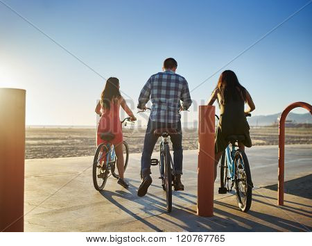 group of friends on bikes setting off towards the setting sun with backs to the camera
