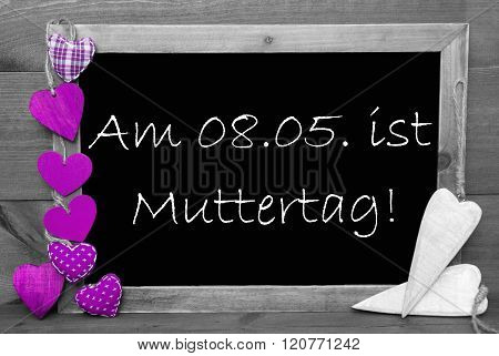 Black And White Blackbord, Purple Hearts, Muttertag Means Mothers Day