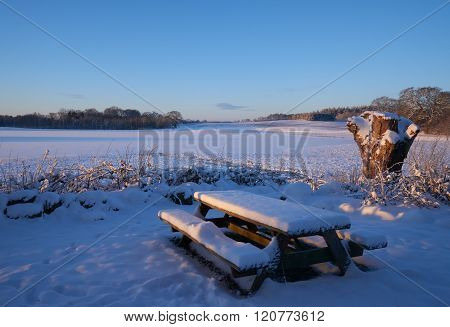 Outdoor Table And Bench Set In The Snow