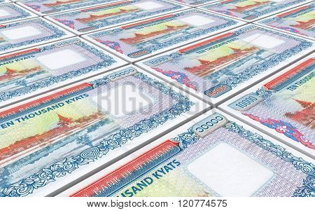 Myanmar kyat bills stacked background. Computer generated 3D photo rendering.