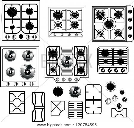 Top view of a set of six hob equipment with the elements to recreate your own personal hob