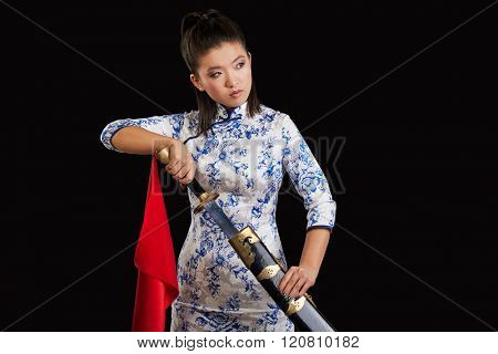 asian woman with japanese sword, Black background