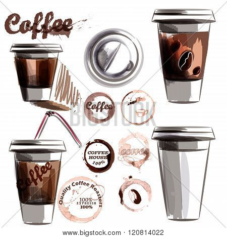 Vector Set From Painted Plastic Glass With Coffee And Coffee Spots In Watercolor Style