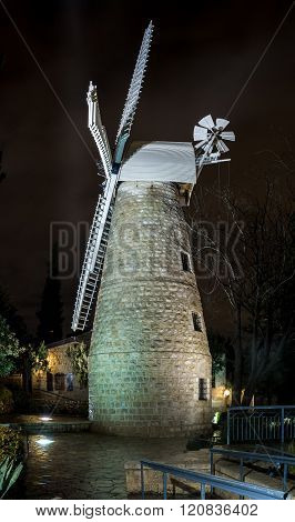 Montefiore Windmill At Night, Jerusalem