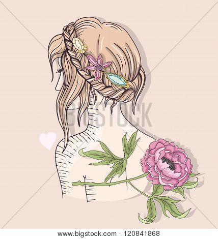 Cute fashion girl illustration. Young girl with braided hair gems flower and hearts.
