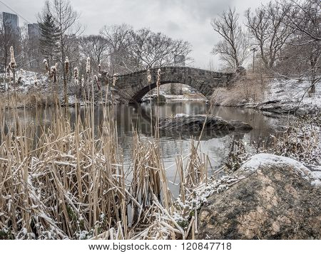 The Gapstow bridge during snow storm in Cwentral Park New York City