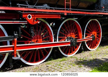 detail of steam locomotive in railway museum, Koscierzyna, Pomerania, Poland