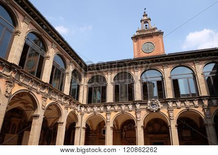 BOLOGNA, ITALY - JUNE 04: External atrium of Archiginnasio, on June 04, 2015