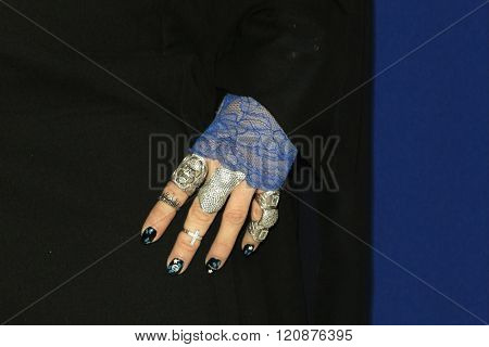 LOS ANGELES - FEB 23: B Akerlund, ring, nail polish detail at the 18th Costume Designers Guild Awards at the Beverly Hilton Hotel on February 23, 2016 in Beverly Hills, California