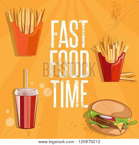 Fast Food Vector Illustration With Burger,fried Potatoes And Cola