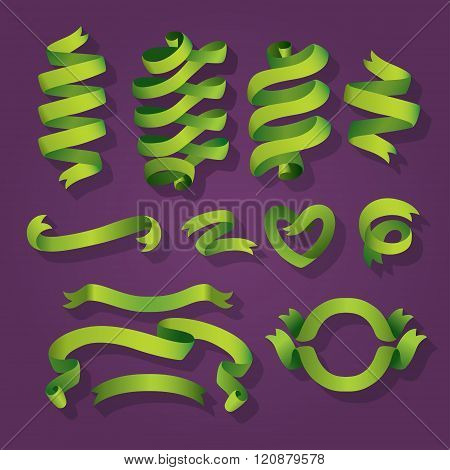 Set of cute curly flat green ribbons elements with long shadows