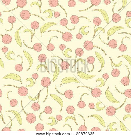 Cute seamless floral pattern of red tulips on yellow background
