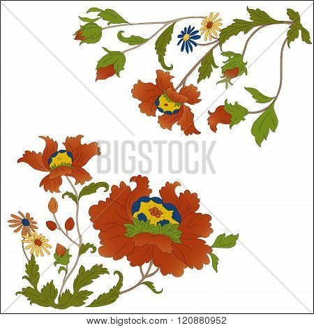 Floral vector pattern elements. Square background with colorful flowers