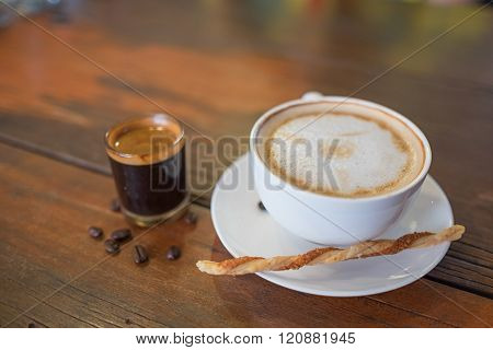 Hot Coffee In Cup And Hot Coffee Shot Wooden Table /hot Coffee And Hot Coffee Shot