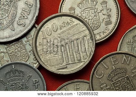 Coins of Spain. Prado Museum and Velazquez Monument in Madrid, Spain depicted in the Spanish 100 peseta coin (1994).
