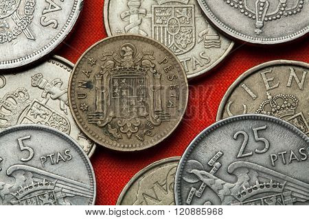 Coins of Spain. Coat of arms of Spain under Franco depicted in the Spanish one peseta coin (1966).